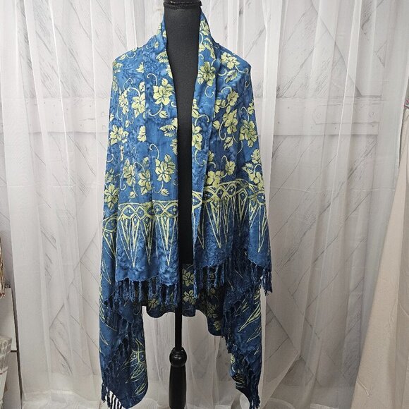 Two Cranes Blue Green Floral Fringed Batik Boho Rectangular Scarf Shawl Wrap - Picture 1 of 13